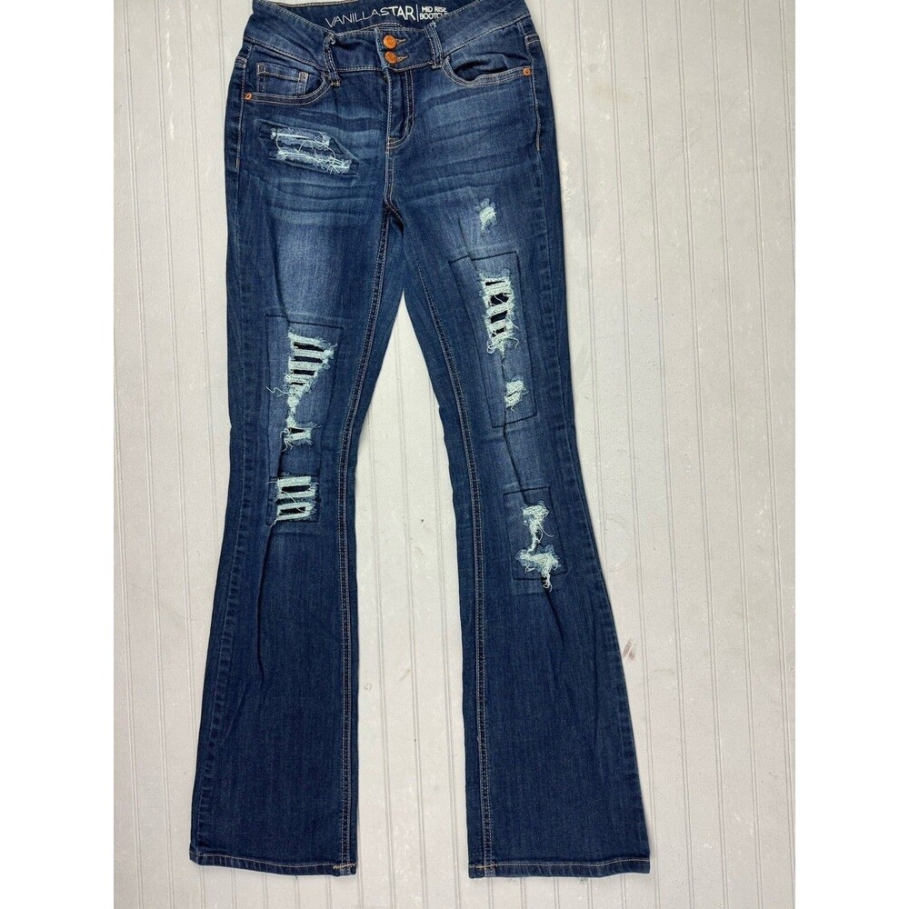 Vanilla Star Size 3 Womens Jeans Distress Mid Rise Bootcut Low Rise Dark Wash